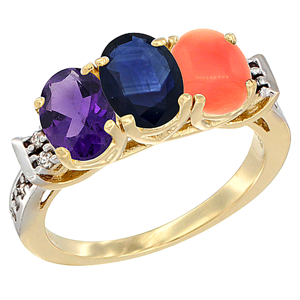 14K Yellow Gold Natural Amethyst, Blue Sapphire & Coral Ring 3-Stone 7x5 mm Oval Diamond Accent, sizes 5 - 10