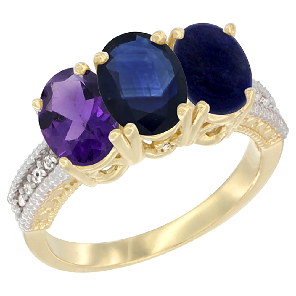 14K Yellow Gold Natural Amethyst, Blue Sapphire &amp; Lapis Ring 3-Stone 7x5 mm Oval Diamond Accent, sizes 5 - 10