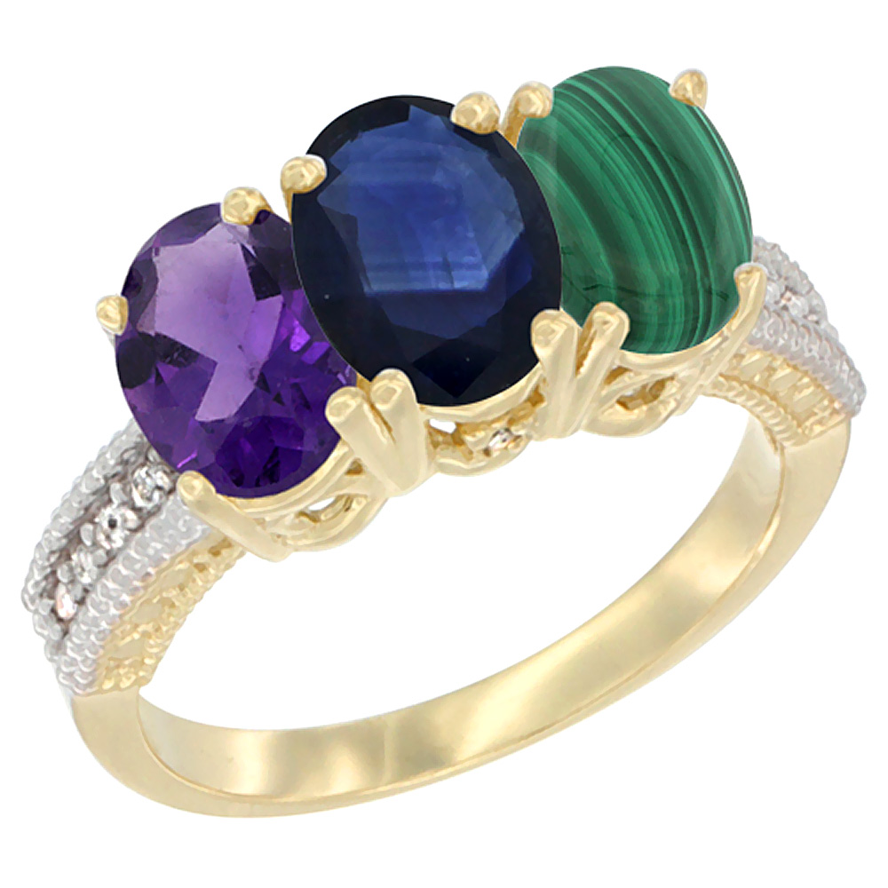 14K Yellow Gold Natural Amethyst, Blue Sapphire &amp; Malachite Ring 3-Stone 7x5 mm Oval Diamond Accent, sizes 5 - 10