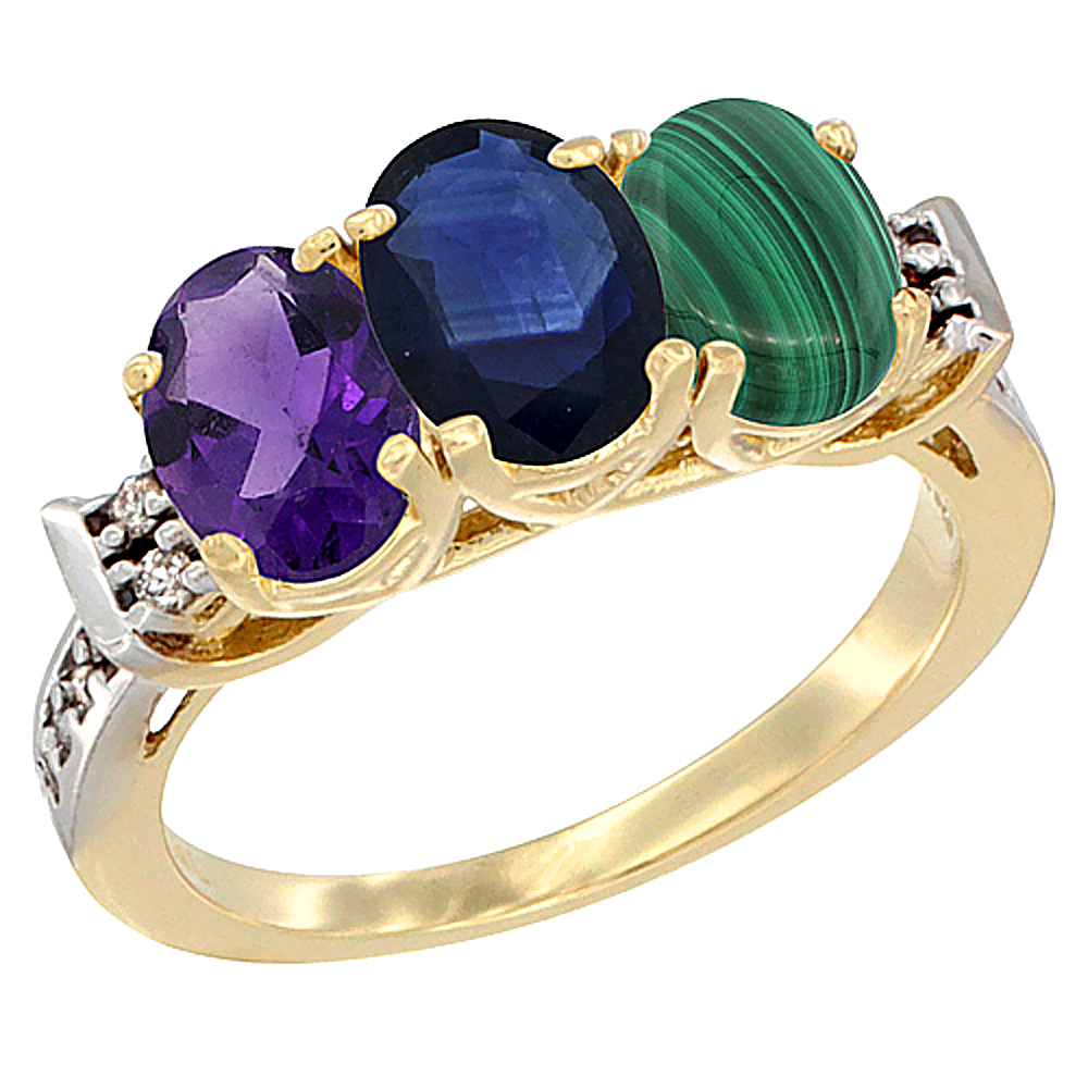 10K Yellow Gold Natural Amethyst, Blue Sapphire & Malachite Ring 3-Stone Oval 7x5 mm Diamond Accent, sizes 5 - 10