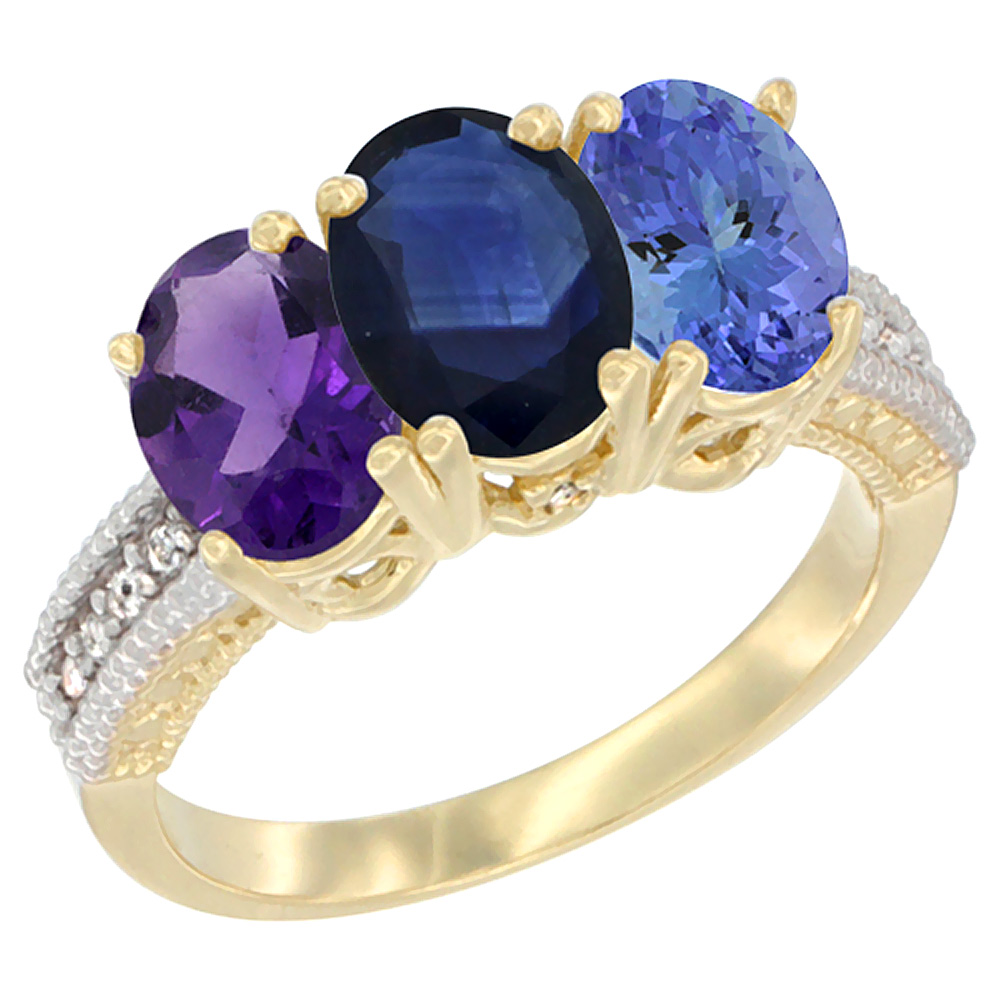 14K Yellow Gold Natural Amethyst, Blue Sapphire &amp; Tanzanite Ring 3-Stone 7x5 mm Oval Diamond Accent, sizes 5 - 10