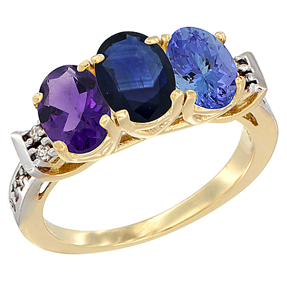 14K Yellow Gold Natural Amethyst, Blue Sapphire & Tanzanite Ring 3-Stone 7x5 mm Oval Diamond Accent, sizes 5 - 10