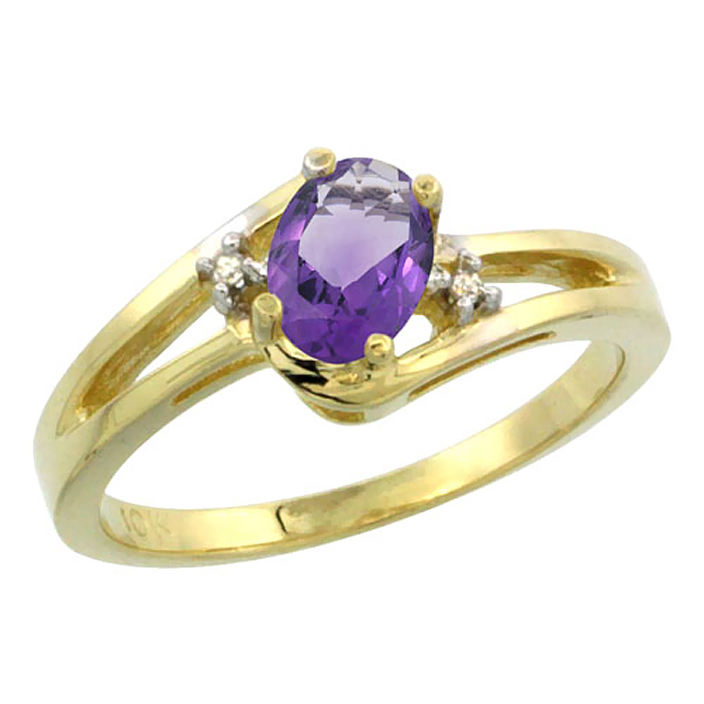 10K Yellow Gold Diamond Genuine Amethyst Ring Oval 6x4 mm sizes 5-10