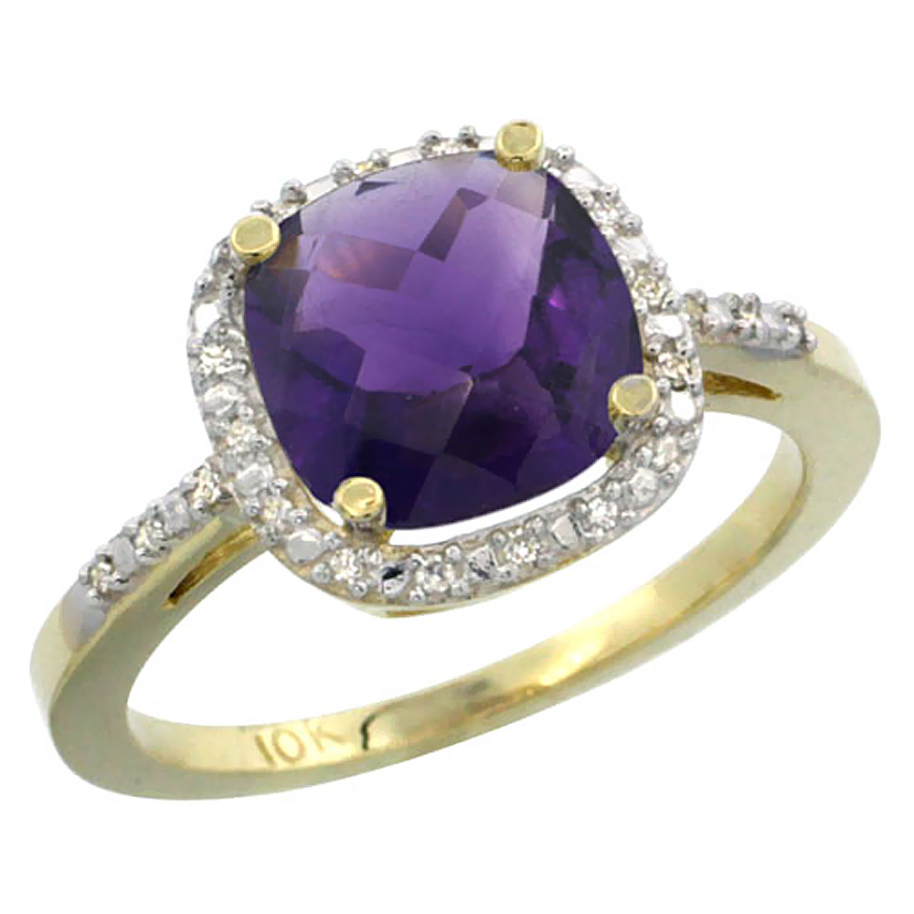 10K Yellow Gold Genuine Amethyst Ring Cushion-cut 8x8mm Diamond Accent sizes 5-10