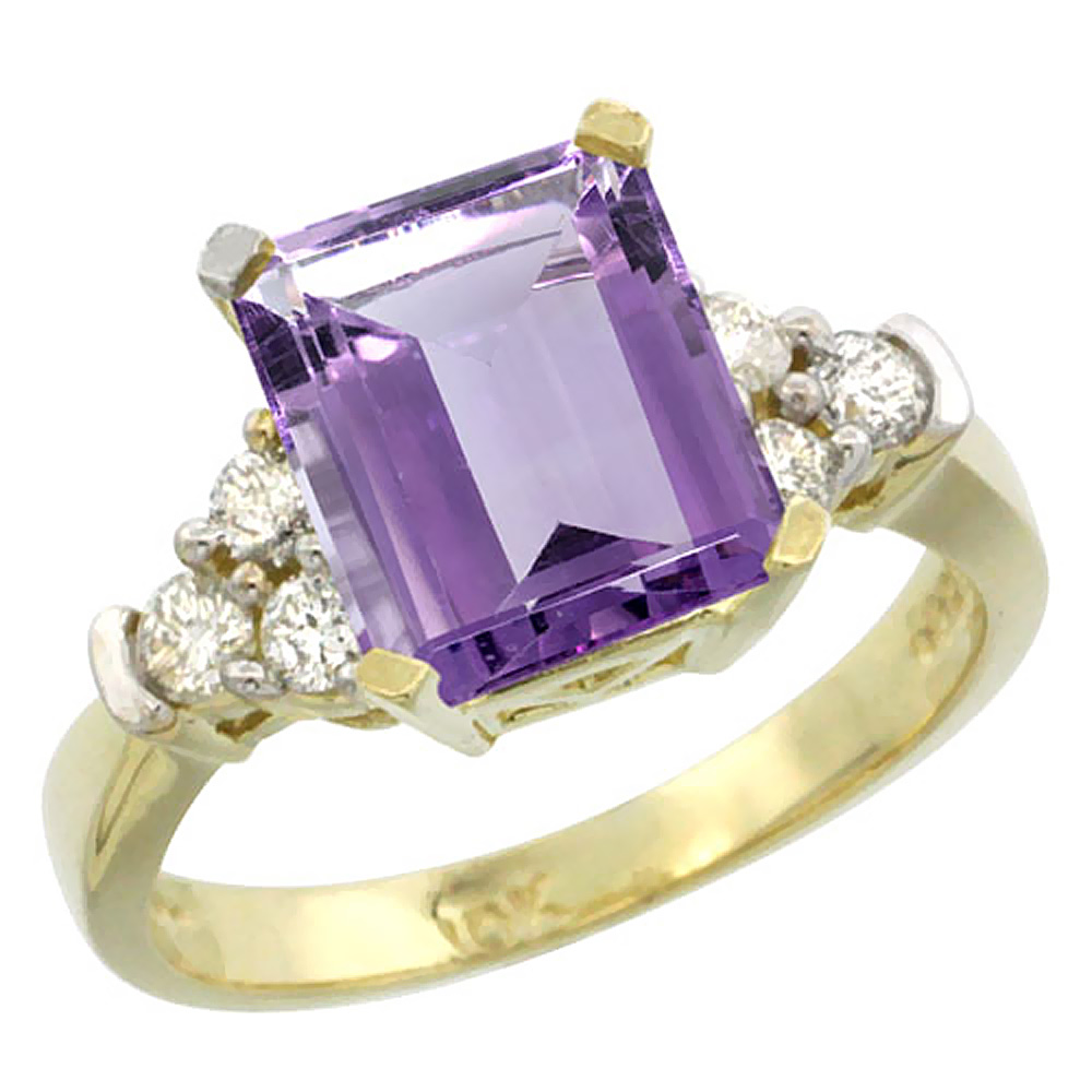 10K Yellow Gold Genuine Amethyst Ring Octagon 9x7mm Diamond Accent sizes 5-10