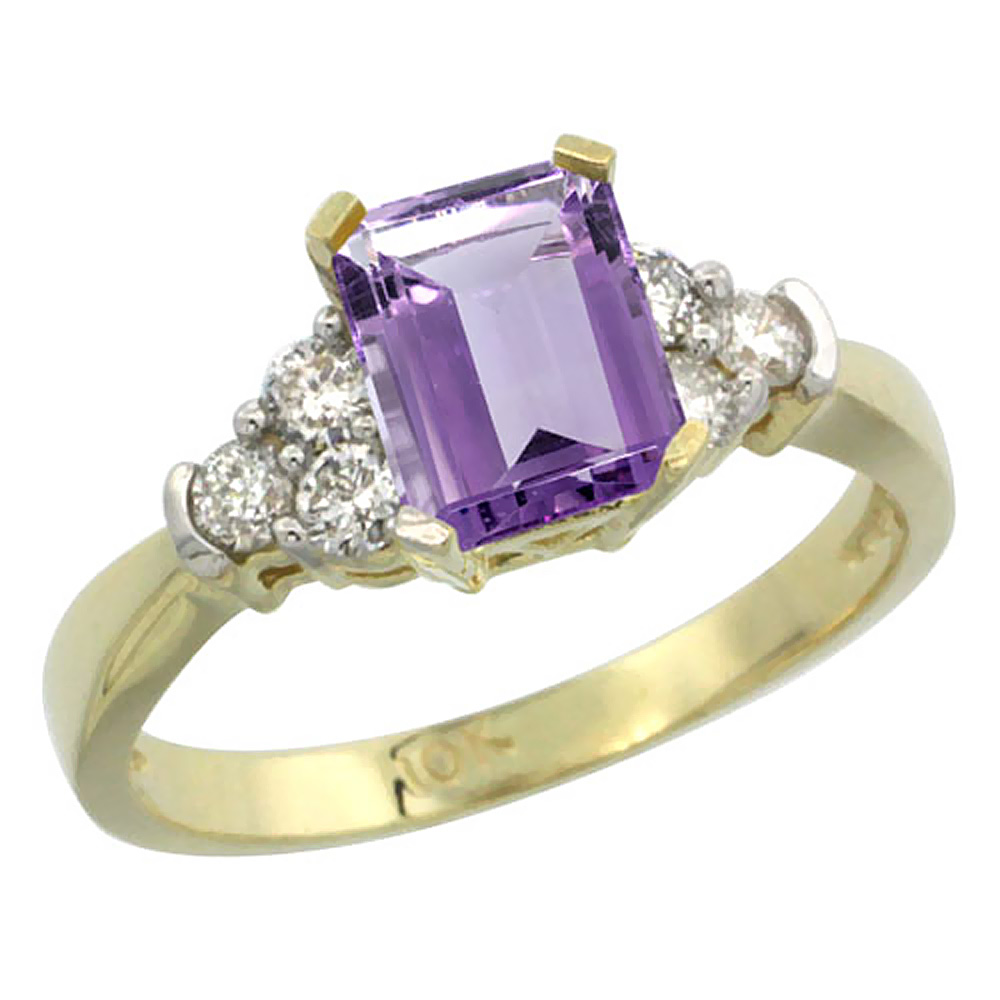 10K Yellow Gold Genuine Amethyst Ring Octagon 7x5mm Diamond Accent sizes 5-10