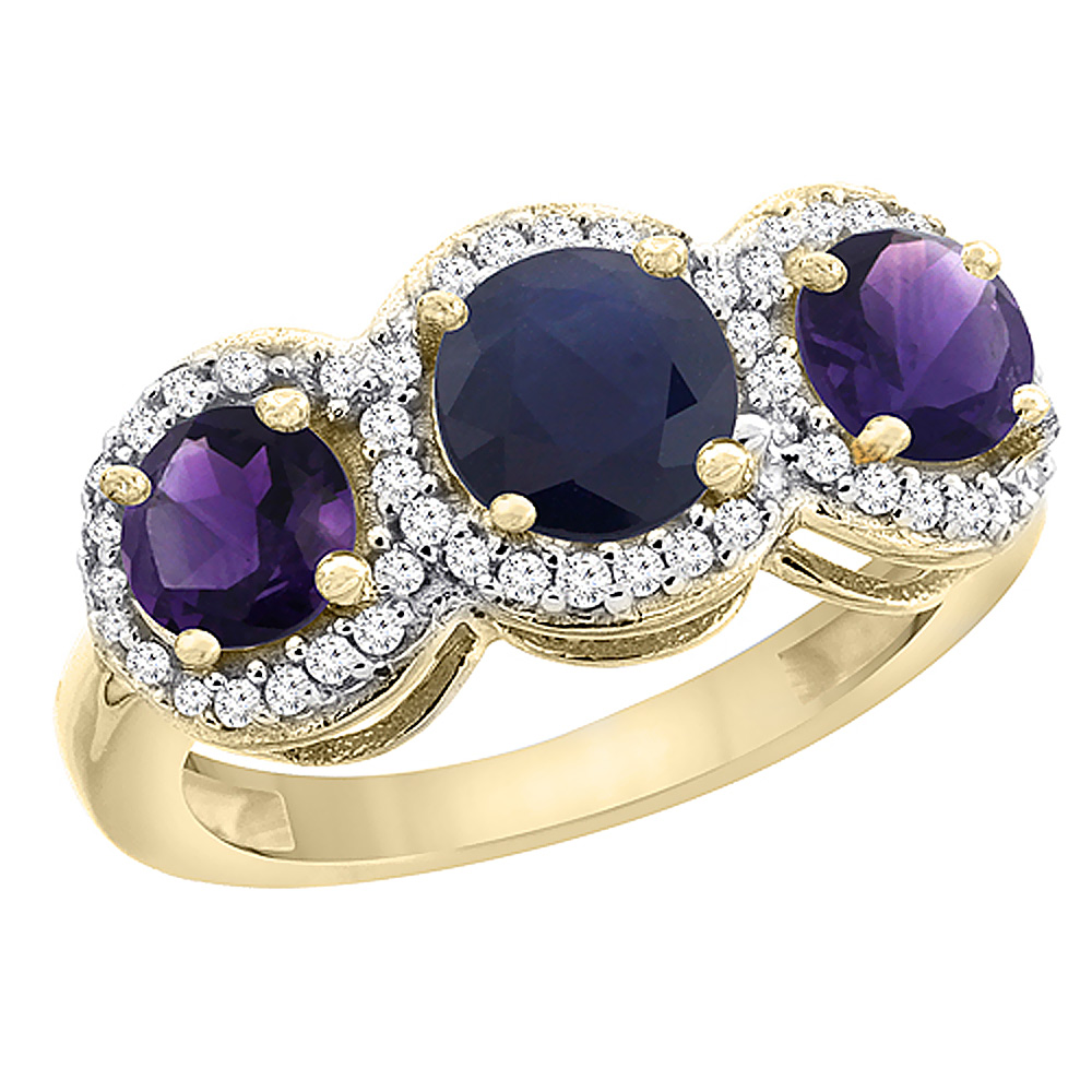 10K Yellow Gold Natural High Quality Blue Sapphire &amp; Amethyst Sides Round 3-stone Ring Diamond Accents, sizes 5 - 10