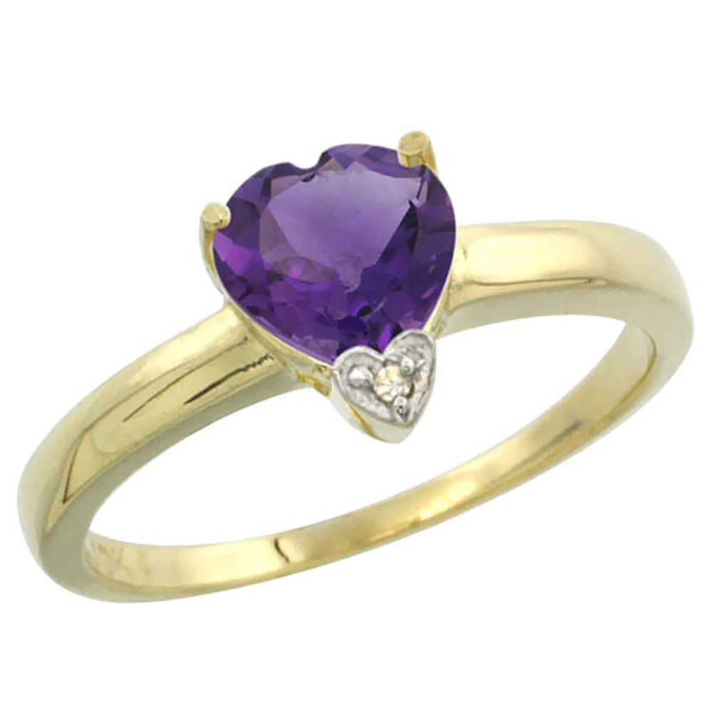 10K Yellow Gold Genuine Amethyst Heart 7x7mm Diamond Accent sizes 5-10