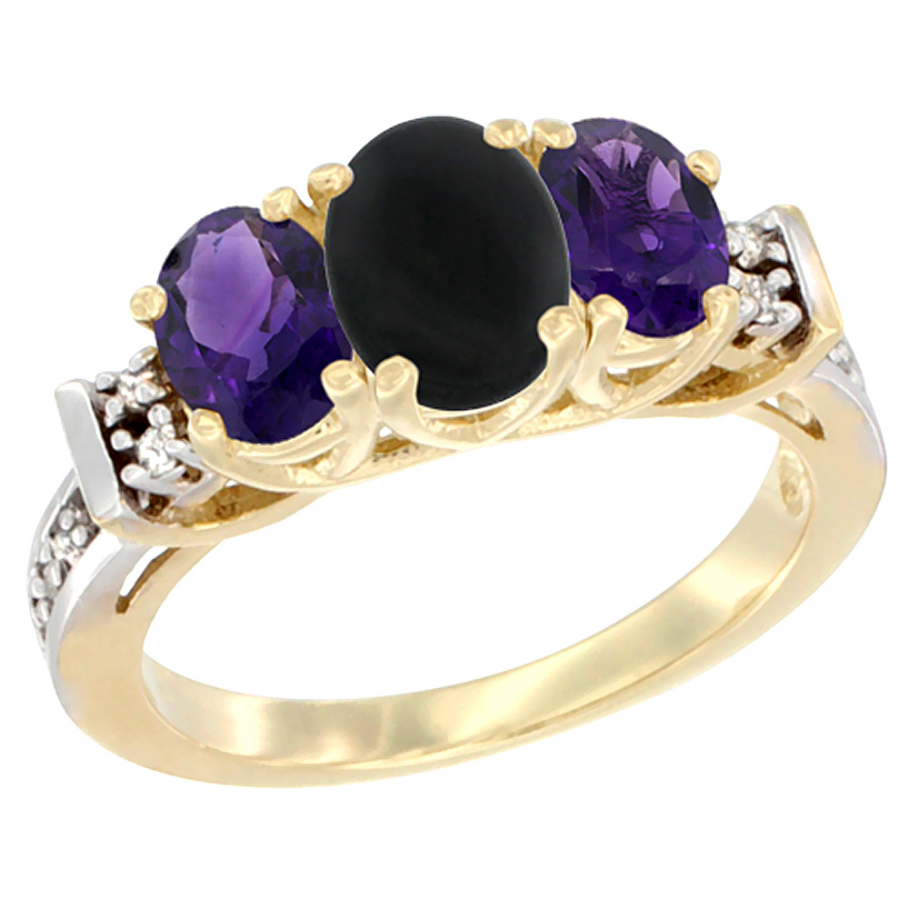 14K Yellow Gold Natural Black Onyx & Amethyst Ring 3-Stone Oval Diamond Accent