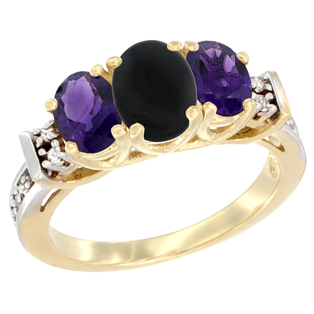 10K Yellow Gold Natural Black Onyx &amp; Amethyst Ring 3-Stone Oval Diamond Accent