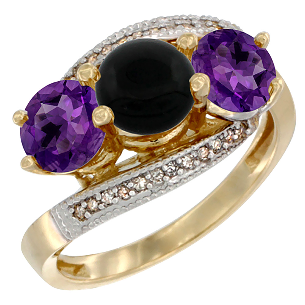 10K Yellow Gold Natural Black Onyx & Amethyst Sides 3 stone Ring Round 6mm Diamond Accent, sizes 5 - 10