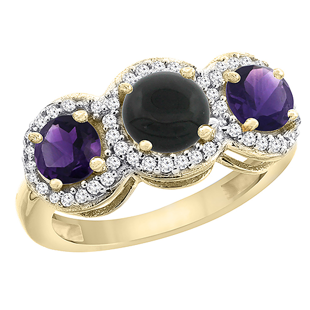 14K Yellow Gold Natural Black Onyx & Amethyst Sides Round 3-stone Ring Diamond Accents, sizes 5 - 10