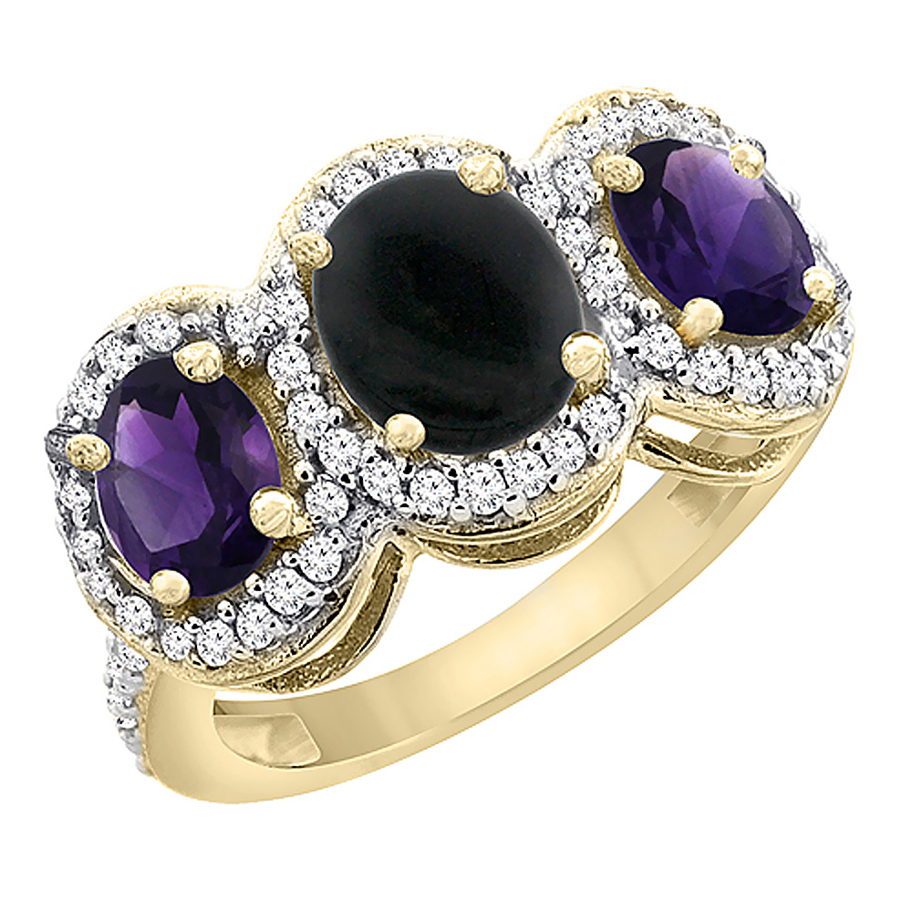 10K Yellow Gold Natural Black Onyx & Amethyst 3-Stone Ring Oval Diamond Accent, sizes 5 - 10