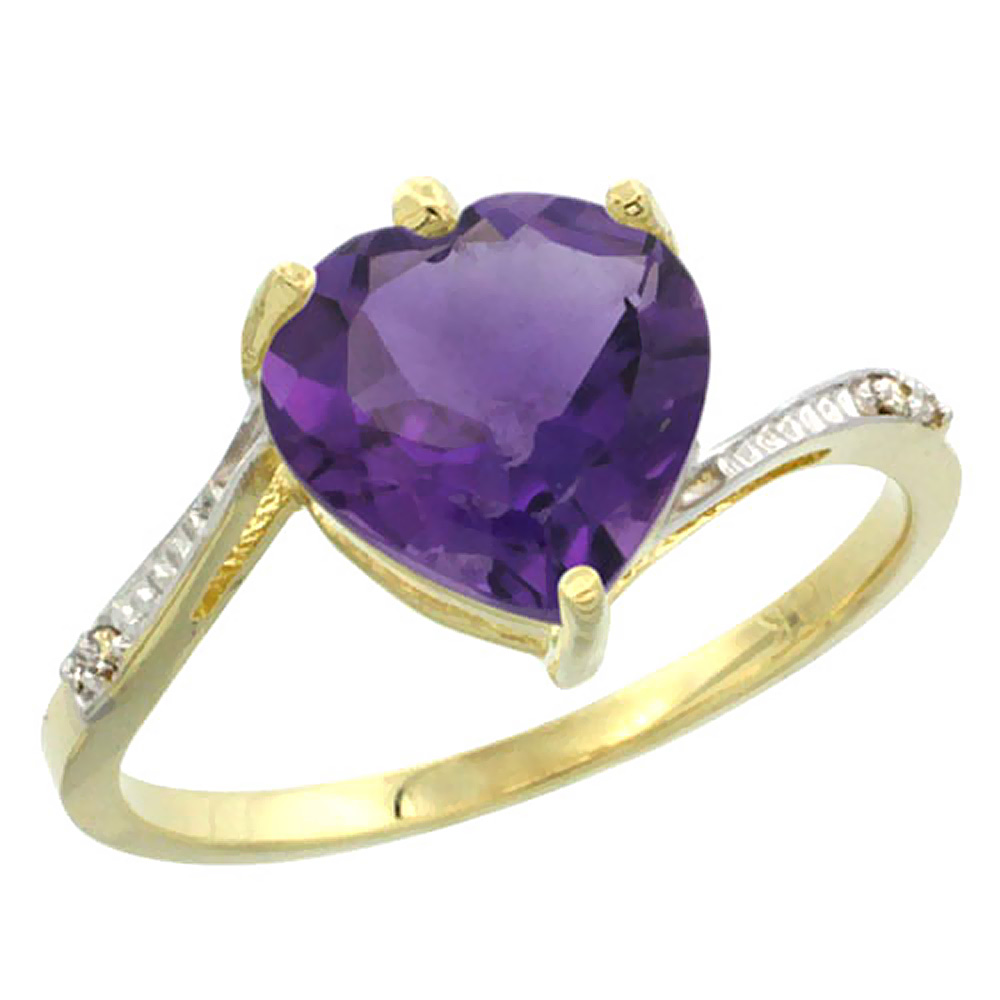 10K Yellow Gold Genuine Amethyst Ring Heart 9x9mm Diamond Accent sizes 5-10