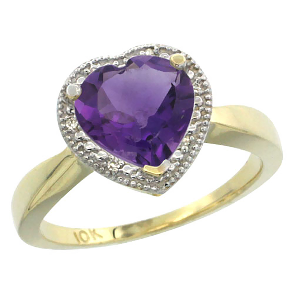 10K Yellow Gold Genuine Amethyst Ring Heart 8x8mm Diamond Accent sizes 5-10