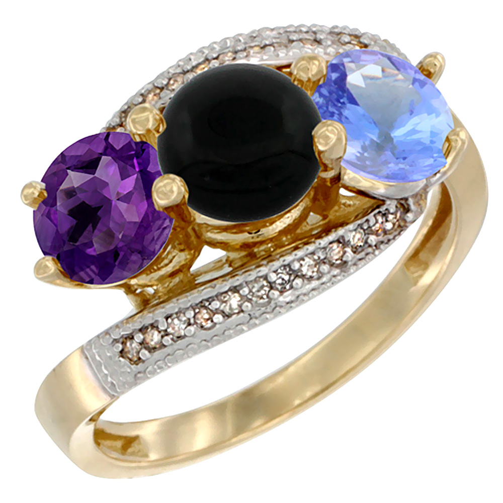 10K Yellow Gold Natural Amethyst, Black Onyx &amp; Tanzanite 3 stone Ring Round 6mm Diamond Accent, sizes 5 - 10