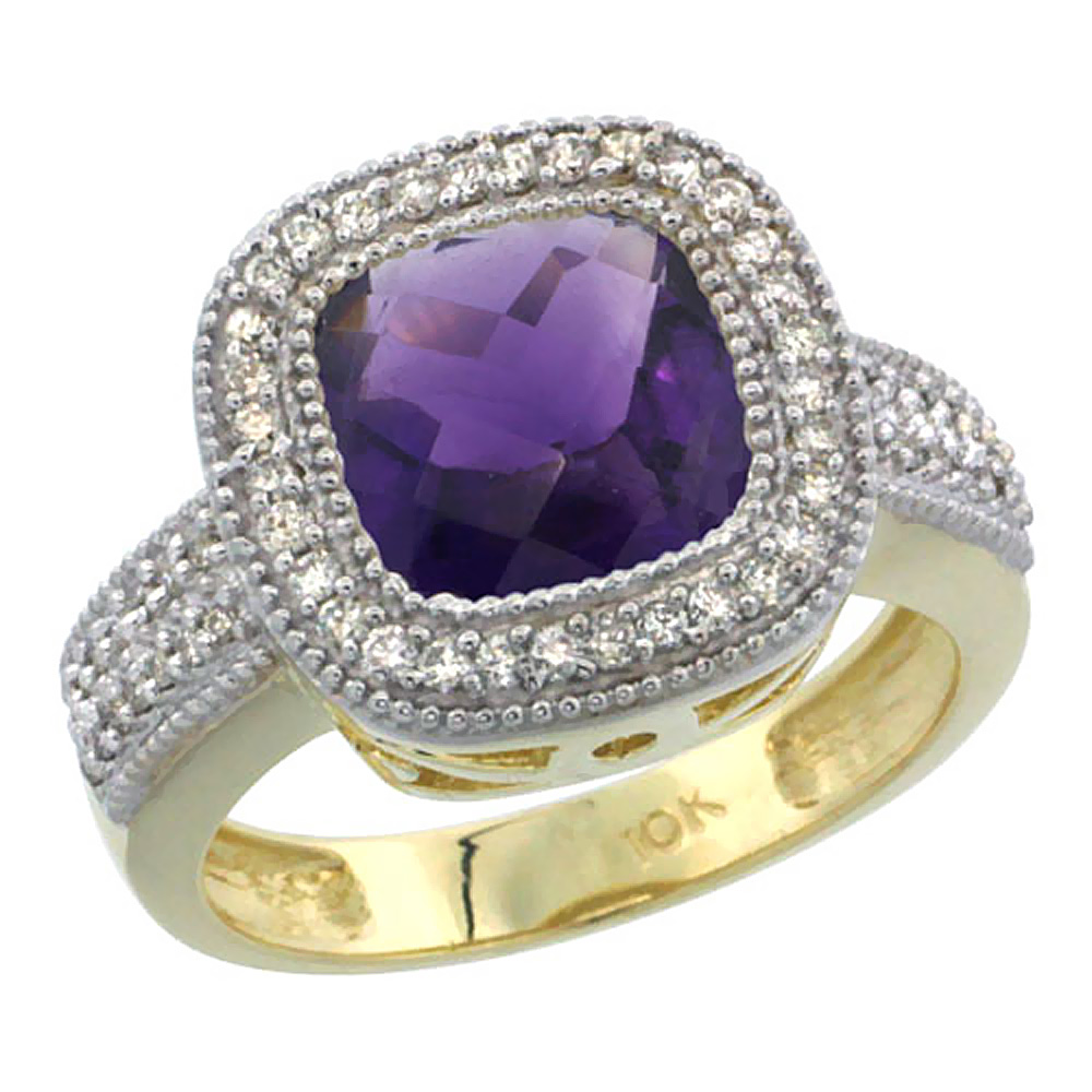 14K Yellow Gold Natural Amethyst Ring Cushion-cut 9x9mm Diamond Accent, sizes 5-10