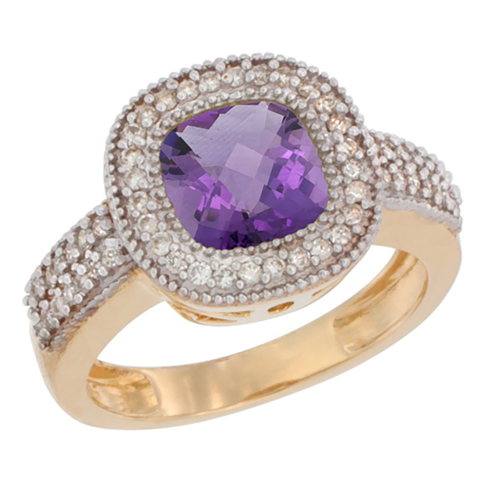 14K Yellow Gold Natural Amethyst Ring Cushion-cut 7x7mm Diamond Accent, sizes 5-10