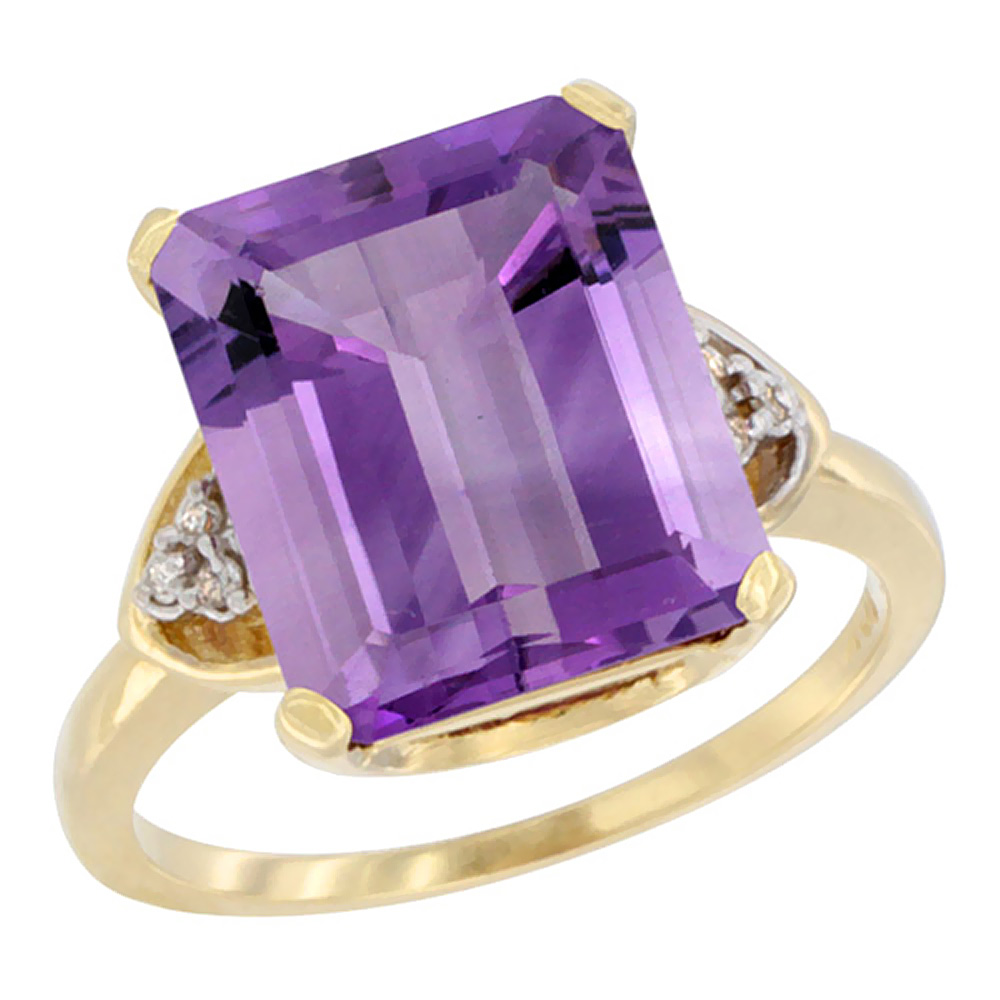 14K Yellow Gold Diamond Natural Amethyst Ring Octagon 12x10 mm, sizes 5-10