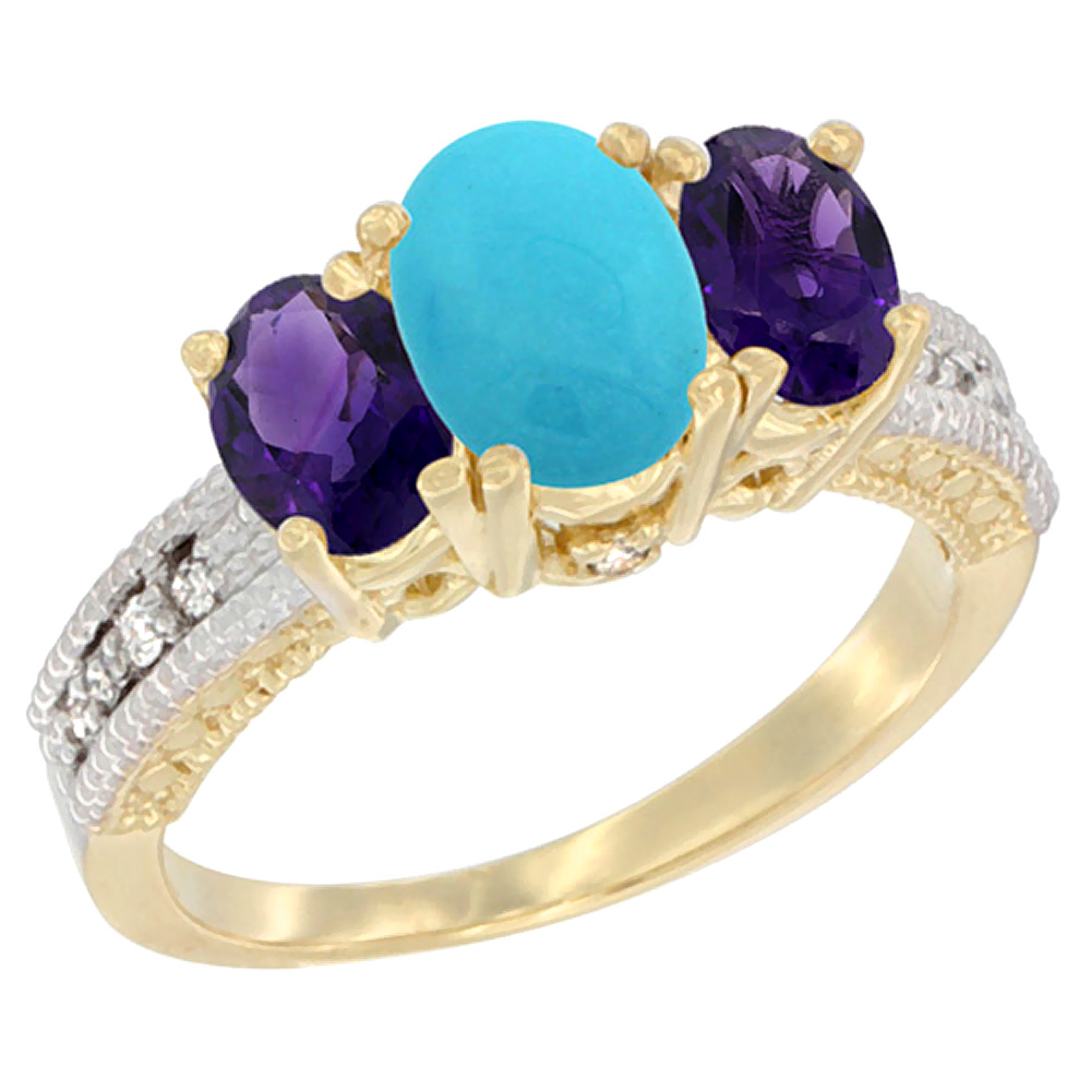 10K Yellow Gold Diamond Natural Turquoise Ring Oval 3-stone with Amethyst, sizes 5 - 10