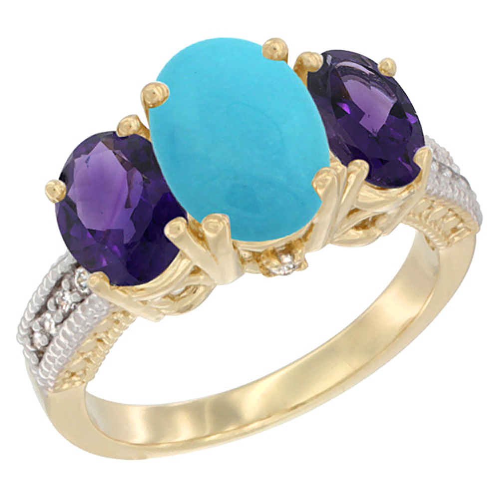 14K Yellow Gold Diamond Natural Turquoise Ring 3-Stone Oval 8x6mm with Amethyst, sizes5-10