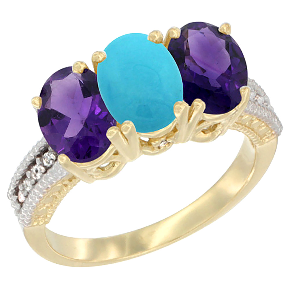 14K Yellow Gold Natural Turquoise &amp; Amethyst Ring 3-Stone 7x5 mm Oval Diamond Accent, sizes 5 - 10