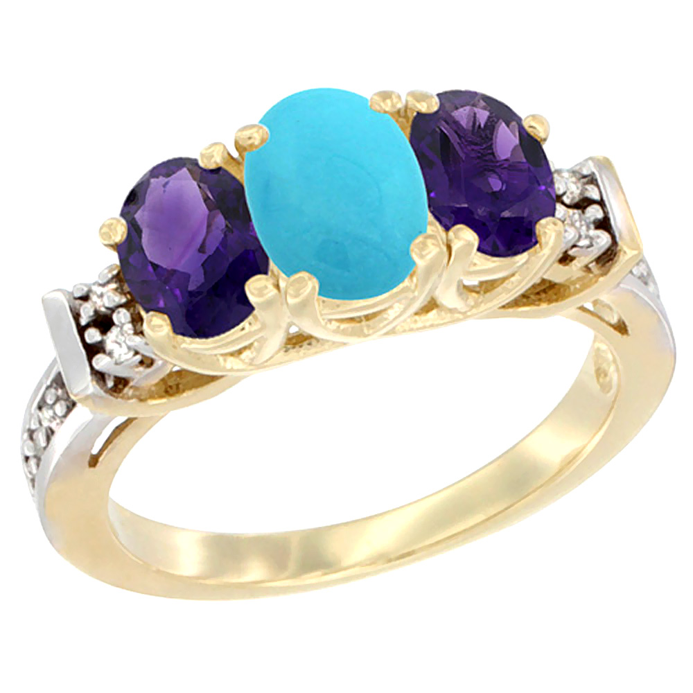 14K Yellow Gold Natural Turquoise & Amethyst Ring 3-Stone Oval Diamond Accent