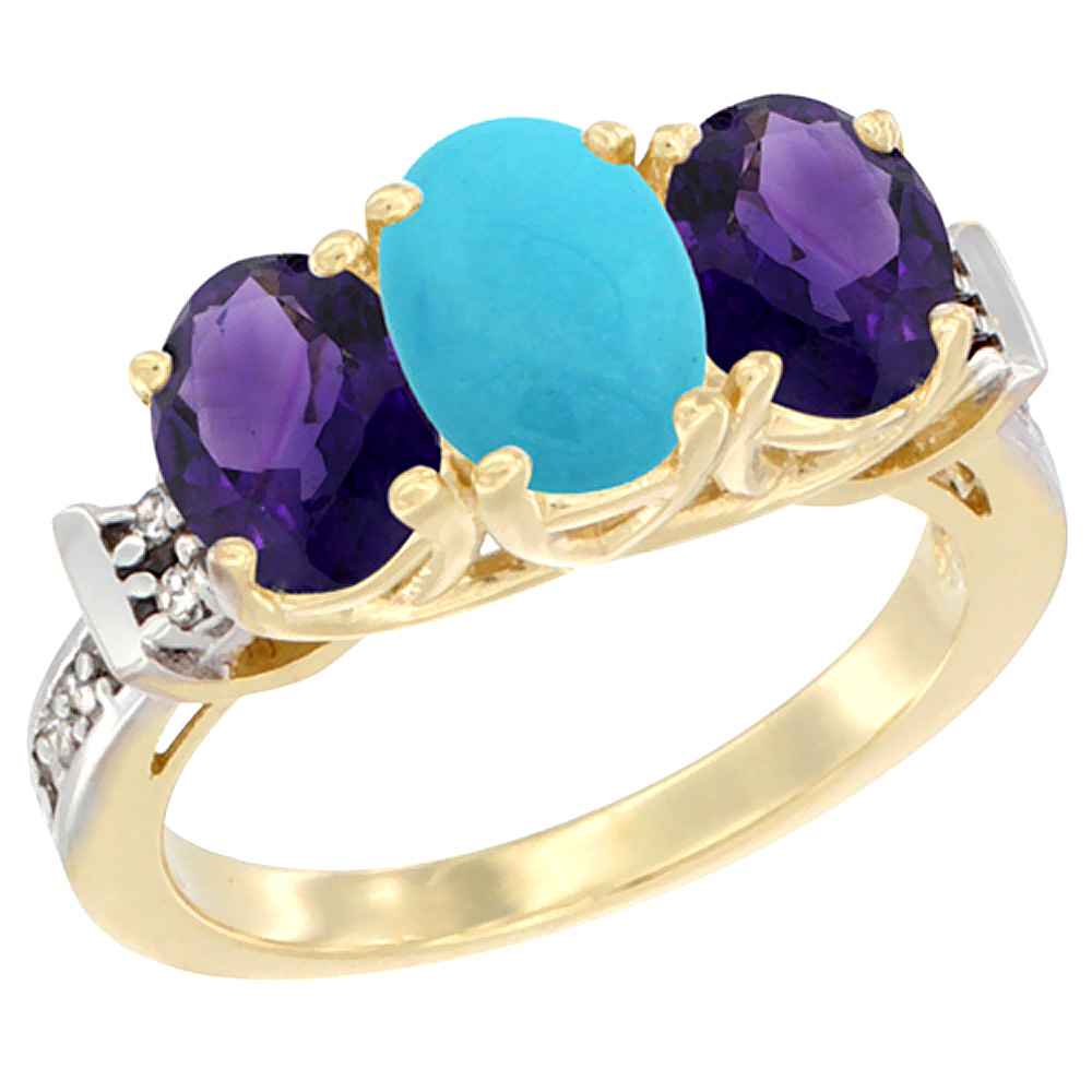14K Yellow Gold Natural Turquoise & Amethyst Sides Ring 3-Stone Oval Diamond Accent, sizes 5 - 10