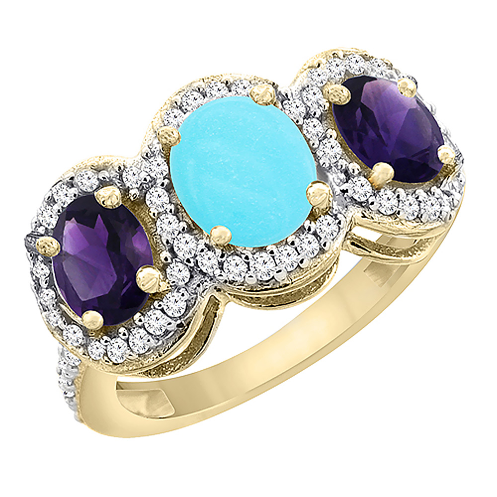 14K Yellow Gold Natural Turquoise & Amethyst 3-Stone Ring Oval Diamond Accent, sizes 5 - 10