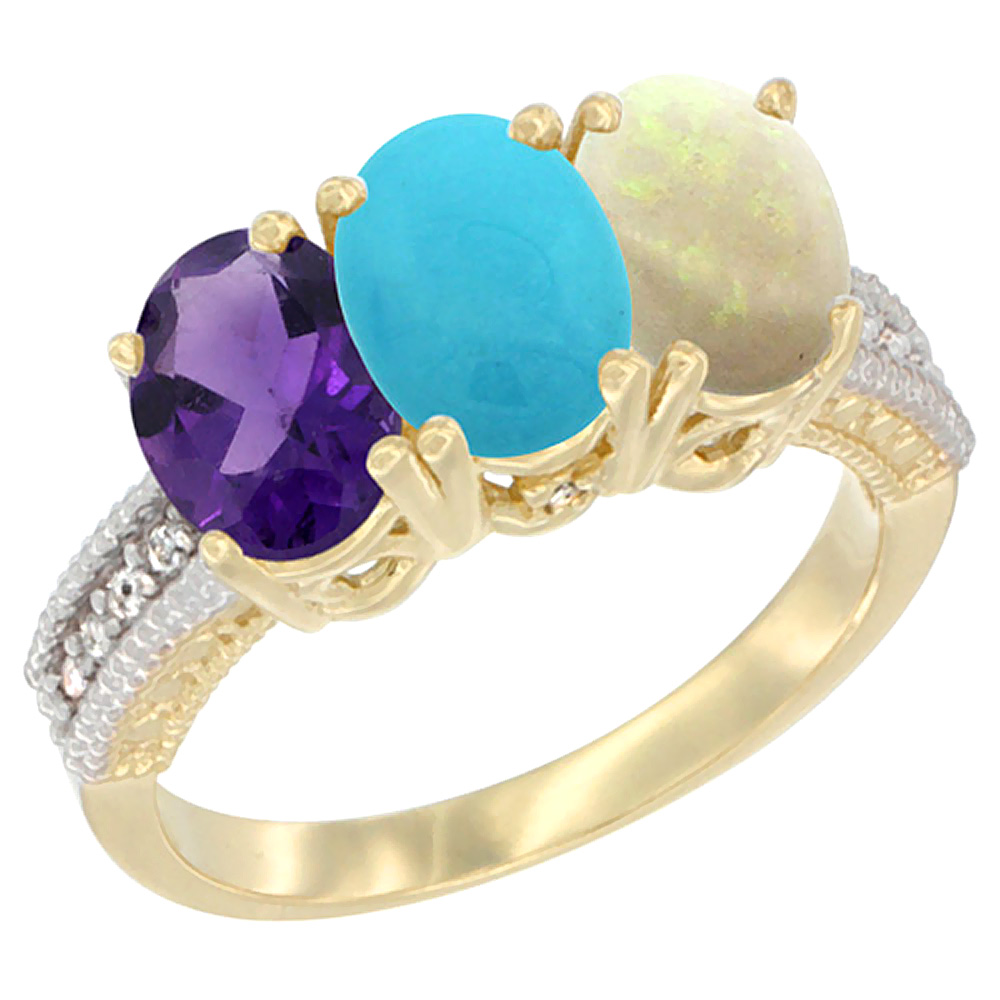 14K Yellow Gold Natural Amethyst, Turquoise & Opal Ring 3-Stone 7x5 mm Oval Diamond Accent, sizes 5 - 10