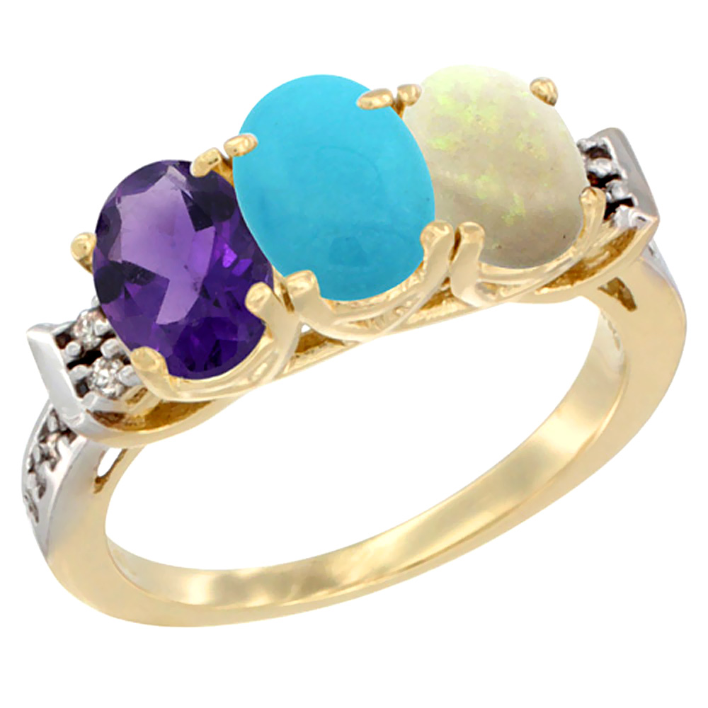 14K Yellow Gold Natural Amethyst, Turquoise & Opal Ring 3-Stone 7x5 mm Oval Diamond Accent, sizes 5 - 10