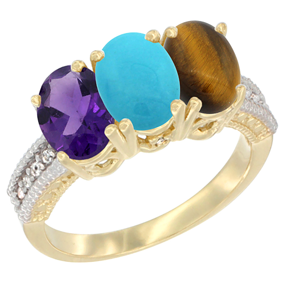 14K Yellow Gold Natural Amethyst, Turquoise &amp; Tiger Eye Ring 3-Stone 7x5 mm Oval Diamond Accent, sizes 5 - 10