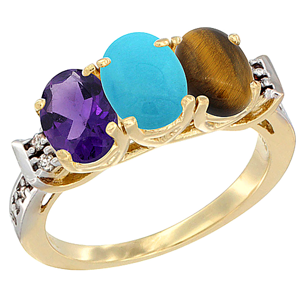 14K Yellow Gold Natural Amethyst, Turquoise &amp; Tiger Eye Ring 3-Stone 7x5 mm Oval Diamond Accent, sizes 5 - 10