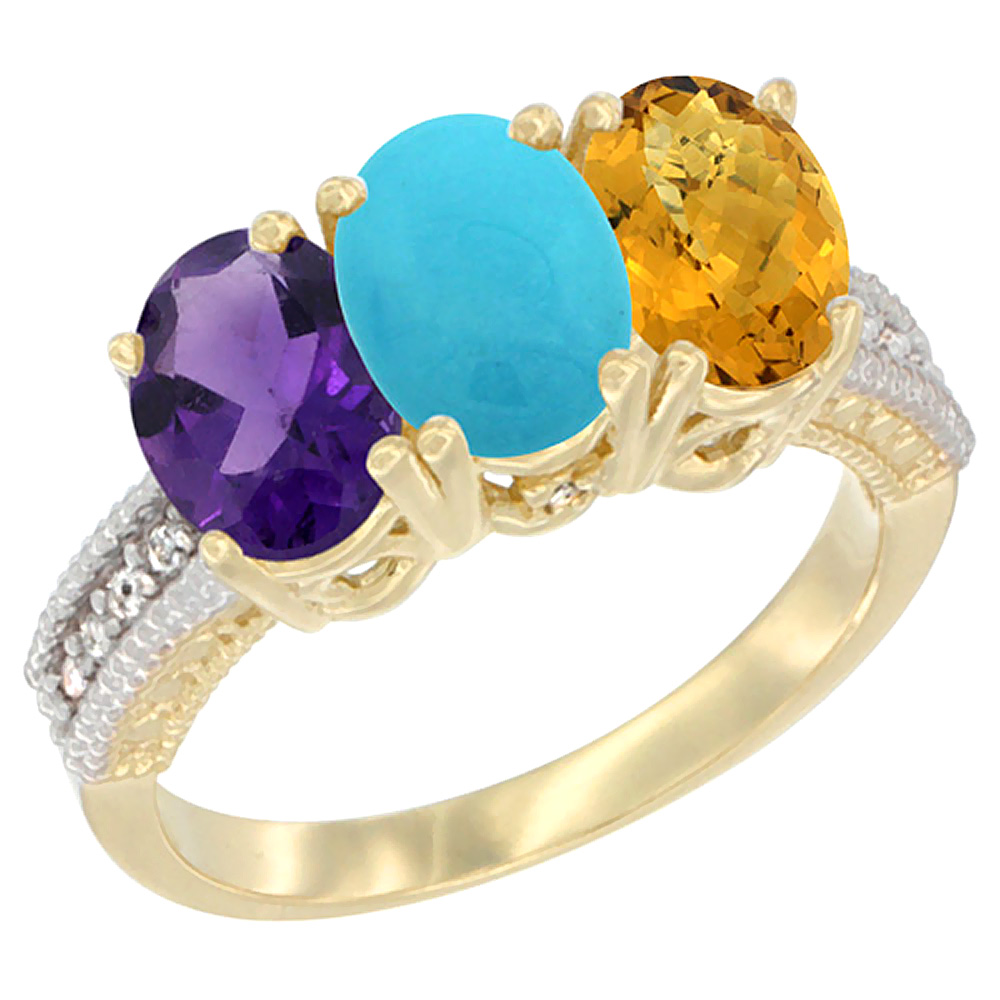 10K Yellow Gold Diamond Natural Amethyst, Turquoise &amp; Whisky Quartz Ring Oval 3-Stone 7x5 mm,sizes 5-10