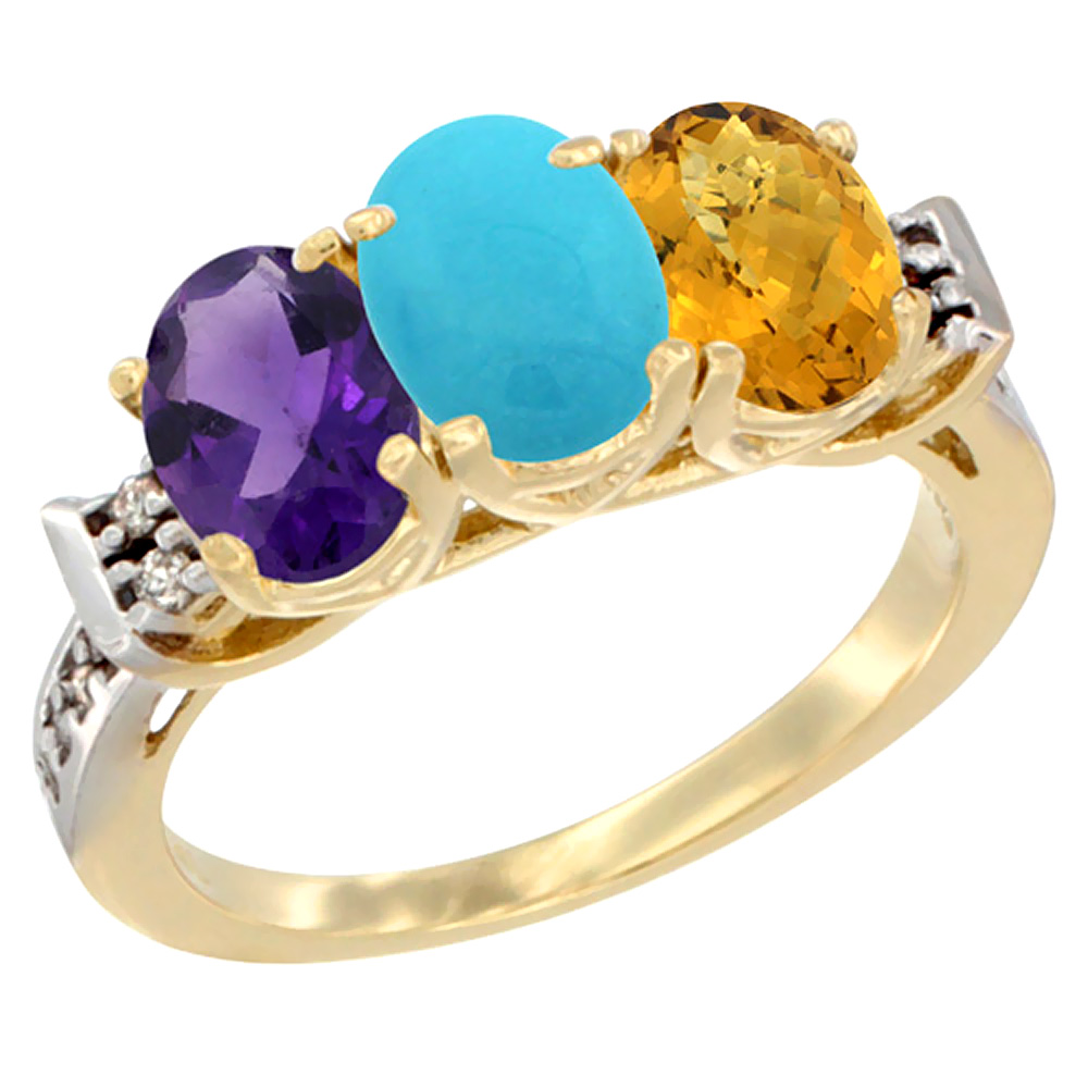 14K Yellow Gold Natural Amethyst, Turquoise &amp; Whisky Quartz Ring 3-Stone 7x5 mm Oval Diamond Accent, sizes 5 - 10