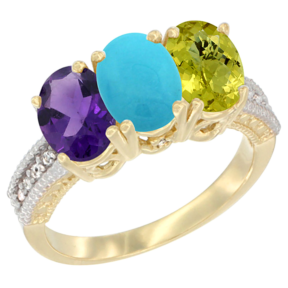 14K Yellow Gold Natural Amethyst, Turquoise & Lemon Quartz Ring 3-Stone 7x5 mm Oval Diamond Accent, sizes 5 - 10