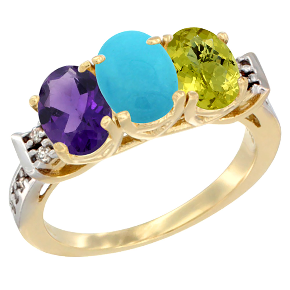 14K Yellow Gold Natural Amethyst, Turquoise & Lemon Quartz Ring 3-Stone 7x5 mm Oval Diamond Accent, sizes 5 - 10