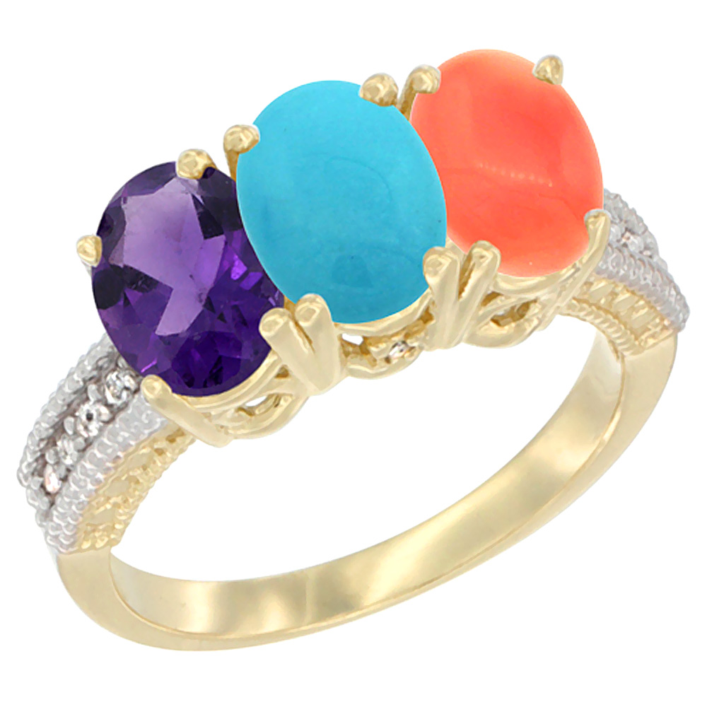 14K Yellow Gold Natural Amethyst, Turquoise & Coral Ring 3-Stone 7x5 mm Oval Diamond Accent, sizes 5 - 10