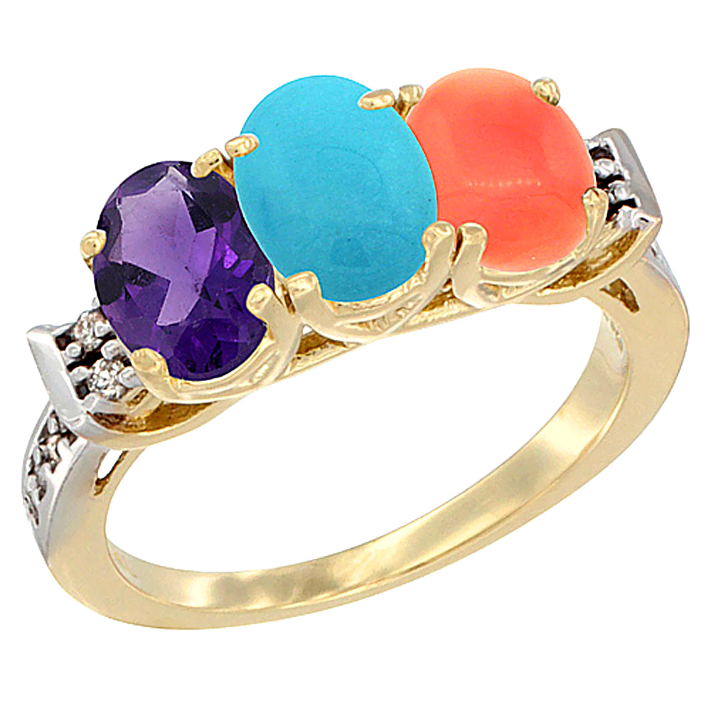 14K Yellow Gold Natural Amethyst, Turquoise & Coral Ring 3-Stone 7x5 mm Oval Diamond Accent, sizes 5 - 10