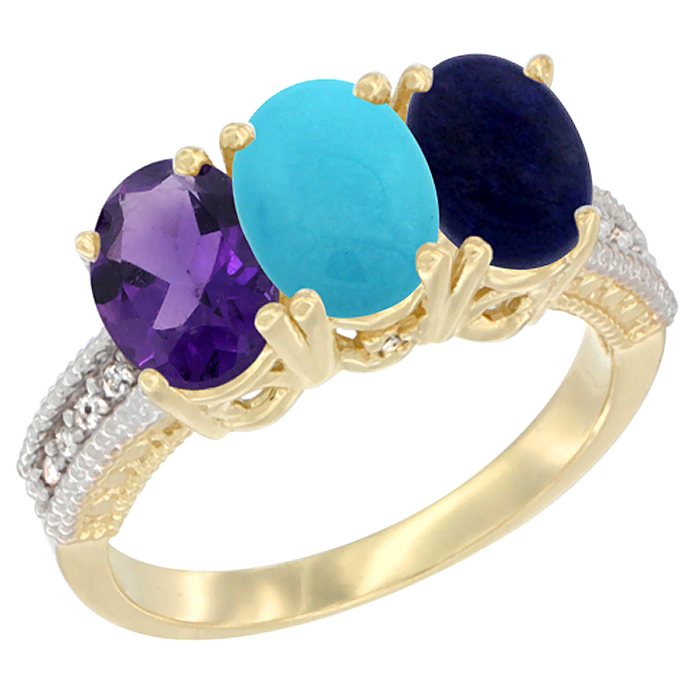 10K Yellow Gold Diamond Natural Amethyst, Turquoise &amp; Lapis Ring Oval 3-Stone 7x5 mm,sizes 5-10