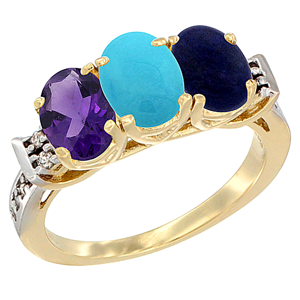 10K Yellow Gold Natural Amethyst, Turquoise &amp; Lapis Ring 3-Stone Oval 7x5 mm Diamond Accent, sizes 5 - 10