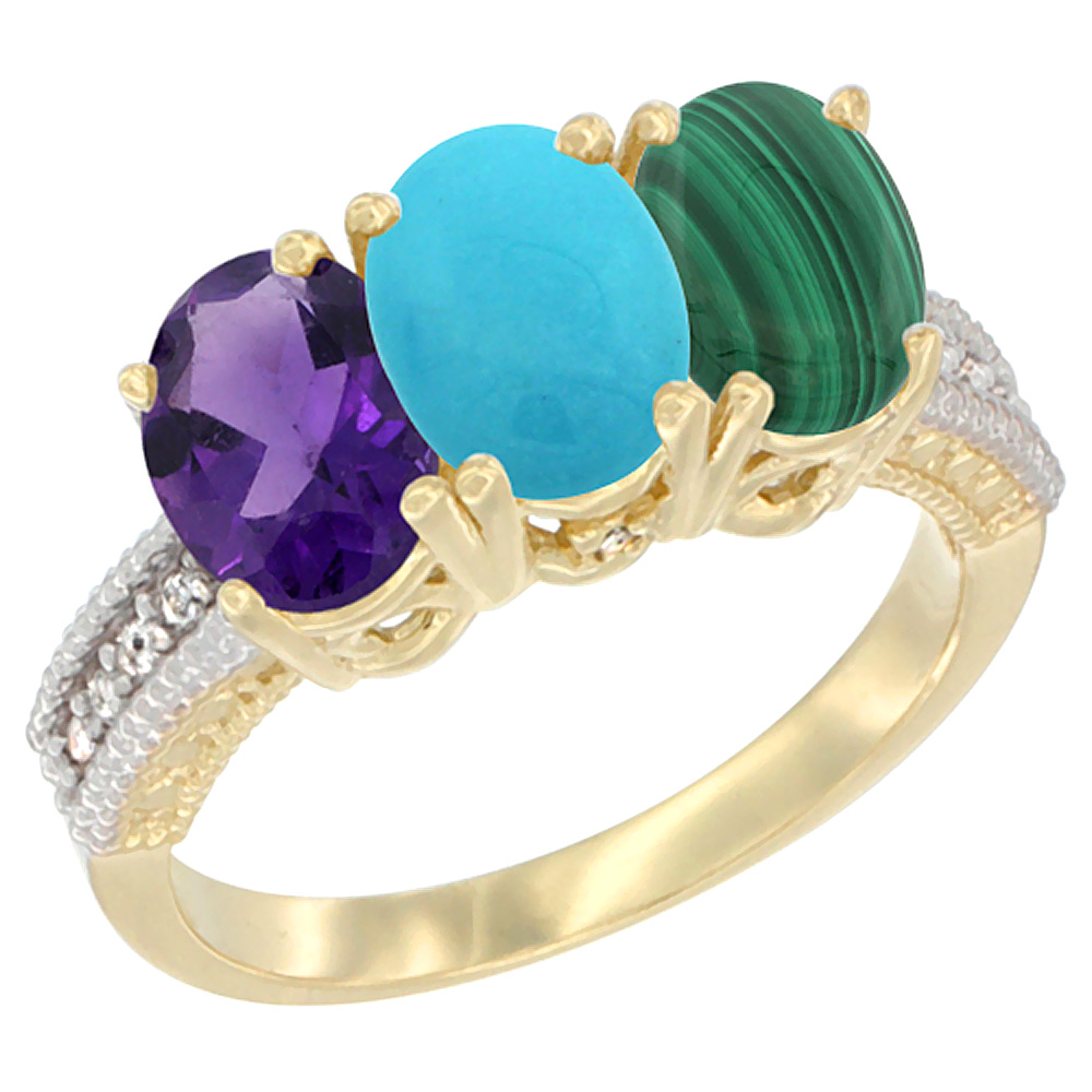 14K Yellow Gold Natural Amethyst, Turquoise &amp; Malachite Ring 3-Stone 7x5 mm Oval Diamond Accent, sizes 5 - 10