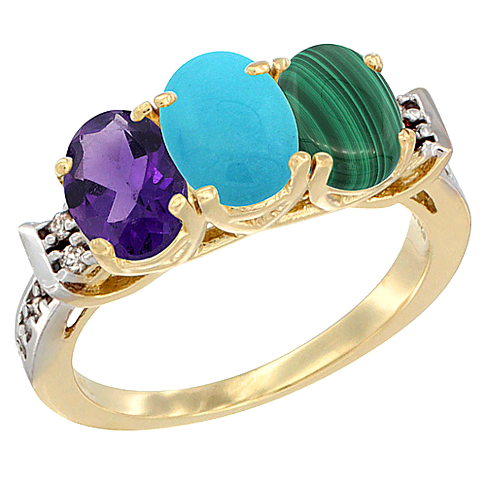 10K Yellow Gold Natural Amethyst, Turquoise &amp; Malachite Ring 3-Stone Oval 7x5 mm Diamond Accent, sizes 5 - 10