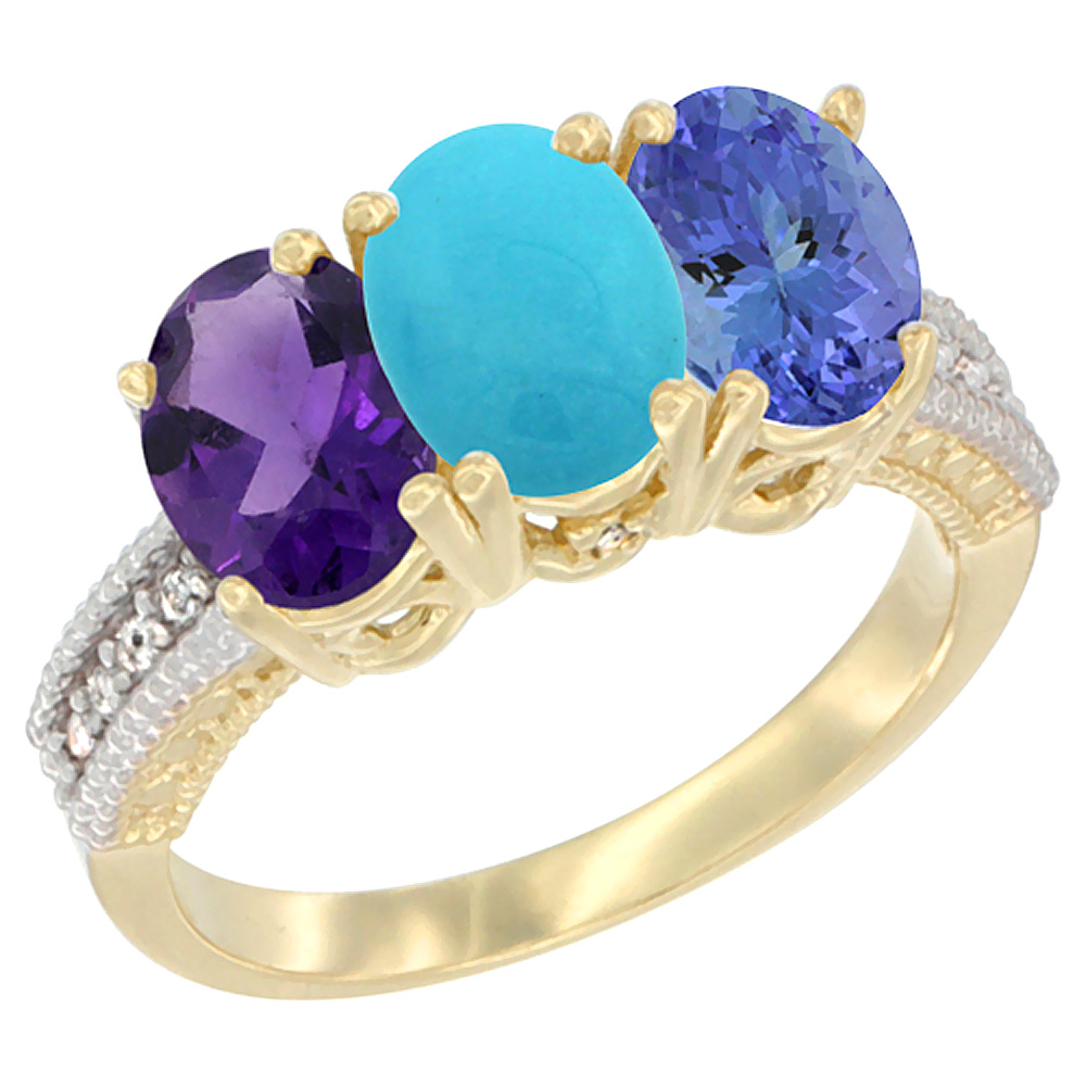 14K Yellow Gold Natural Amethyst, Turquoise &amp; Tanzanite Ring 3-Stone 7x5 mm Oval Diamond Accent, sizes 5 - 10