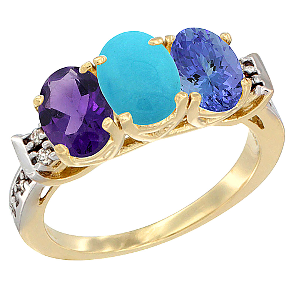 14K Yellow Gold Natural Amethyst, Turquoise &amp; Tanzanite Ring 3-Stone 7x5 mm Oval Diamond Accent, sizes 5 - 10