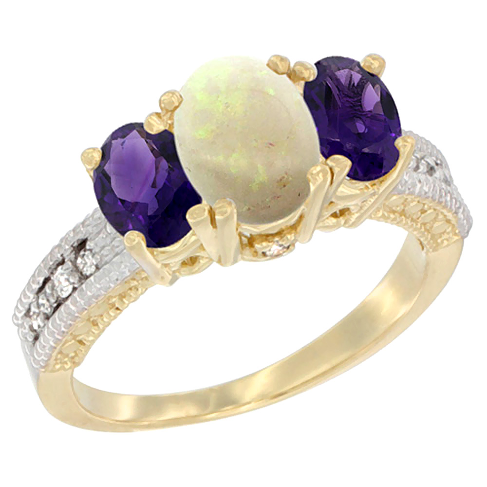 10K Yellow Gold Diamond Natural Opal Ring Oval 3-stone with Amethyst, sizes 5 - 10