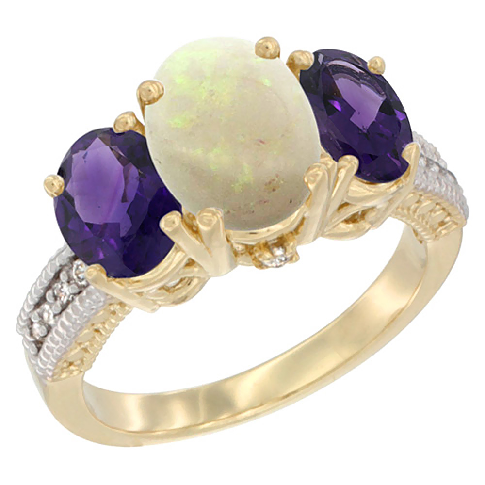 10K Yellow Gold Diamond Natural Opal Ring 3-Stone Oval 8x6mm with Amethyst, sizes5-10