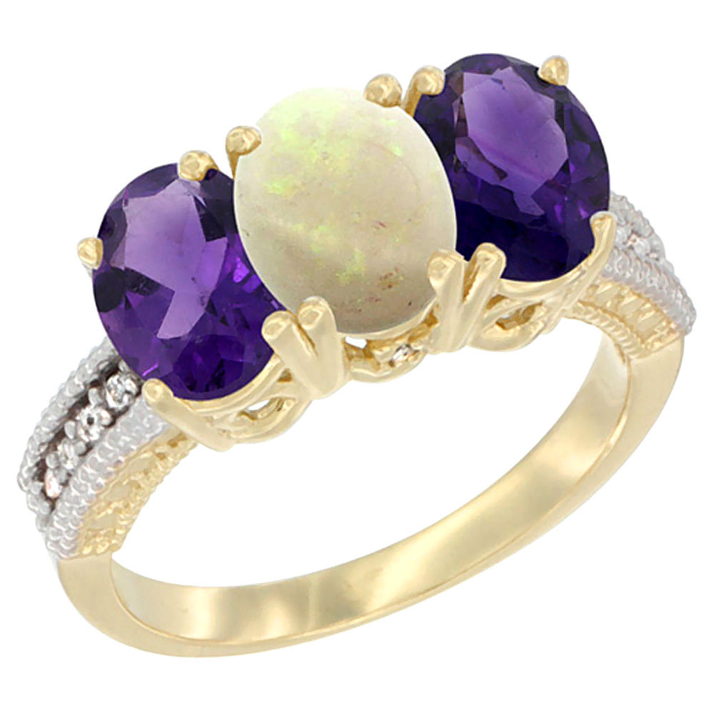 14K Yellow Gold Natural Opal &amp; Amethyst Ring 3-Stone 7x5 mm Oval Diamond Accent, sizes 5 - 10