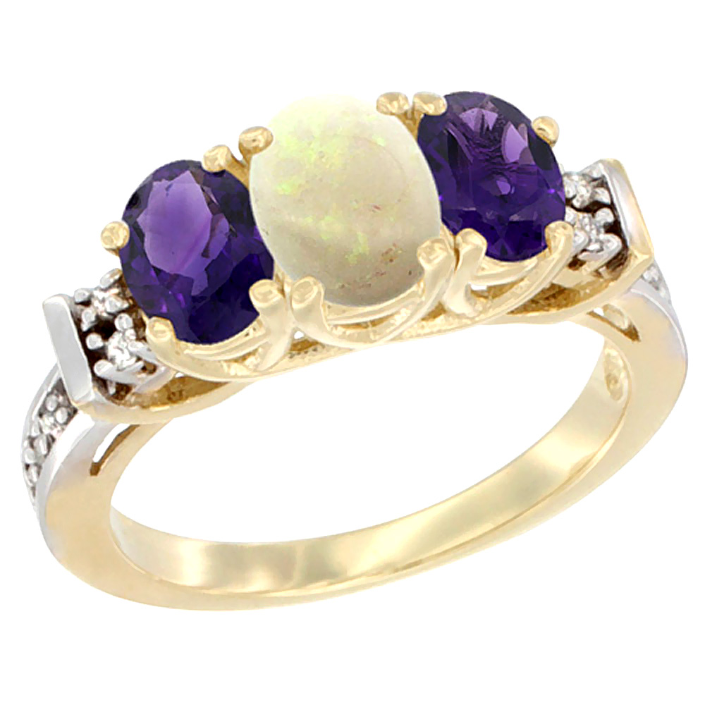 10K Yellow Gold Natural Opal &amp; Amethyst Ring 3-Stone Oval Diamond Accent