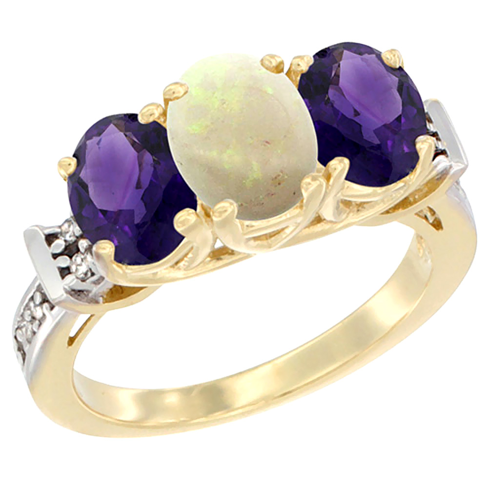 14K Yellow Gold Natural Opal &amp; Amethyst Sides Ring 3-Stone Oval Diamond Accent, sizes 5 - 10